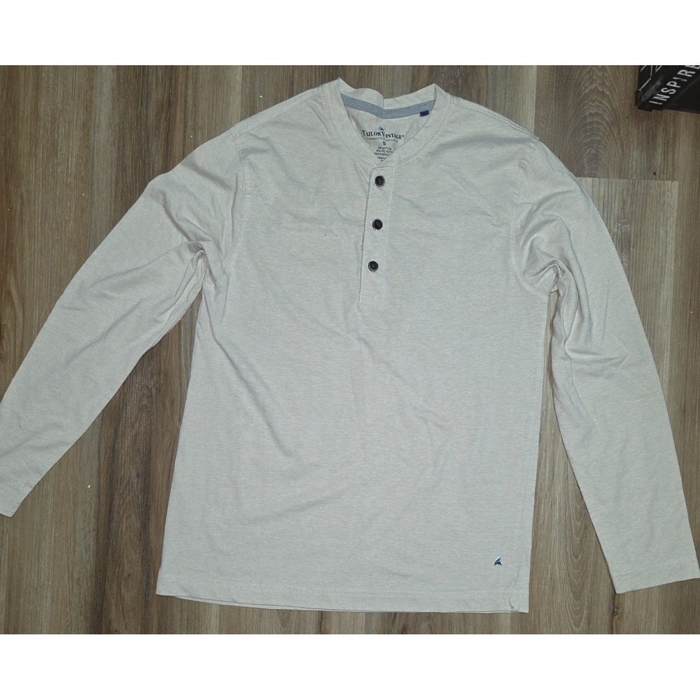 Tailor Vintage Mens Beige Long Sleeve Henley Shirt Small Regular Fit Cotton